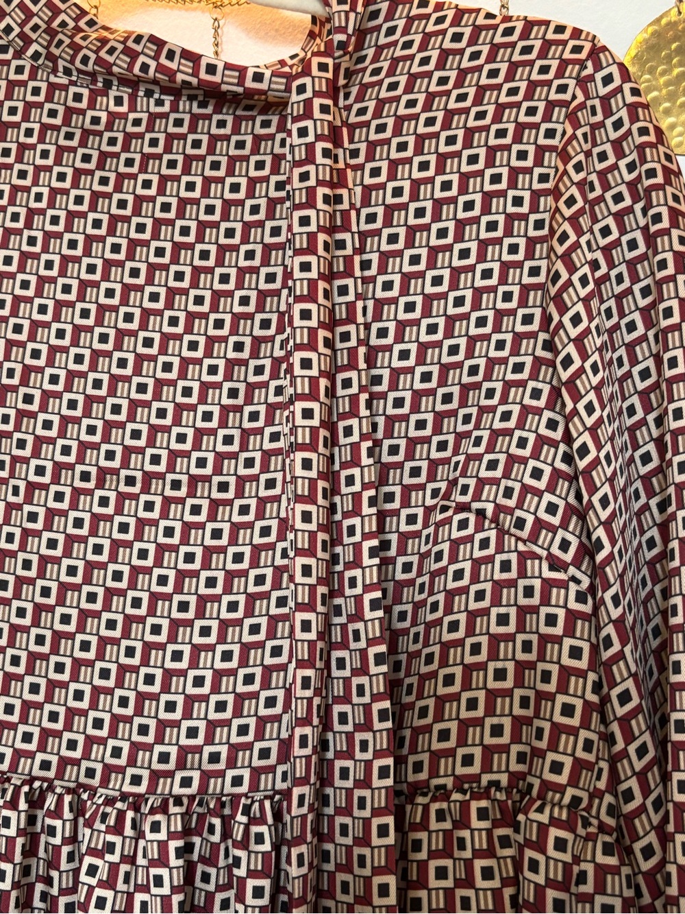 Parisian Art Deco Geometric Print Long-Sleeve Mini Dress in Burgundy